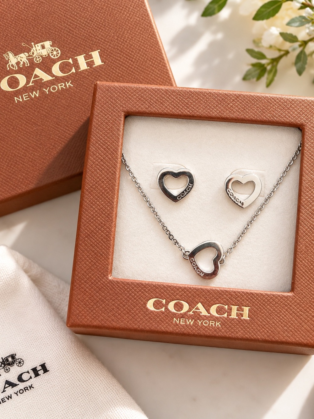 COACH Heart Necklace & Earrings Set – Silver – Brand New